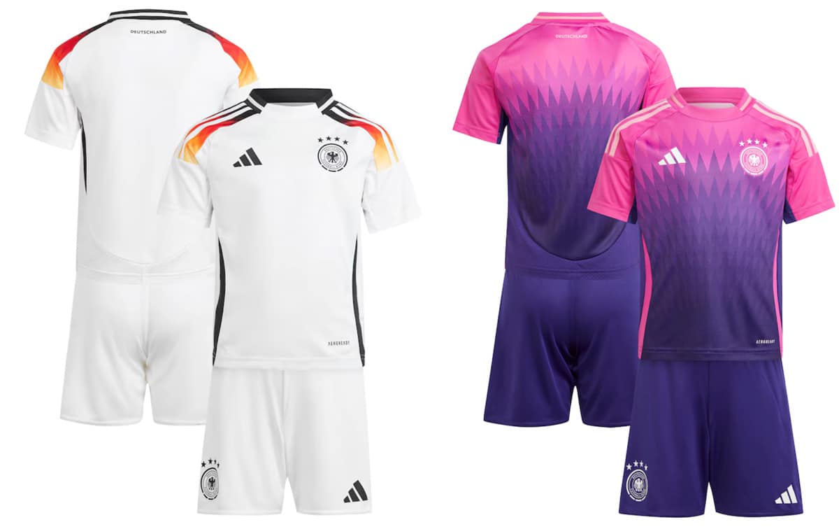 Die neuen DFB Trikots in der Kinderversion 2024 - links das weiße Heimtrikot, rechts das pink-lila DFB Auswärtstrikot